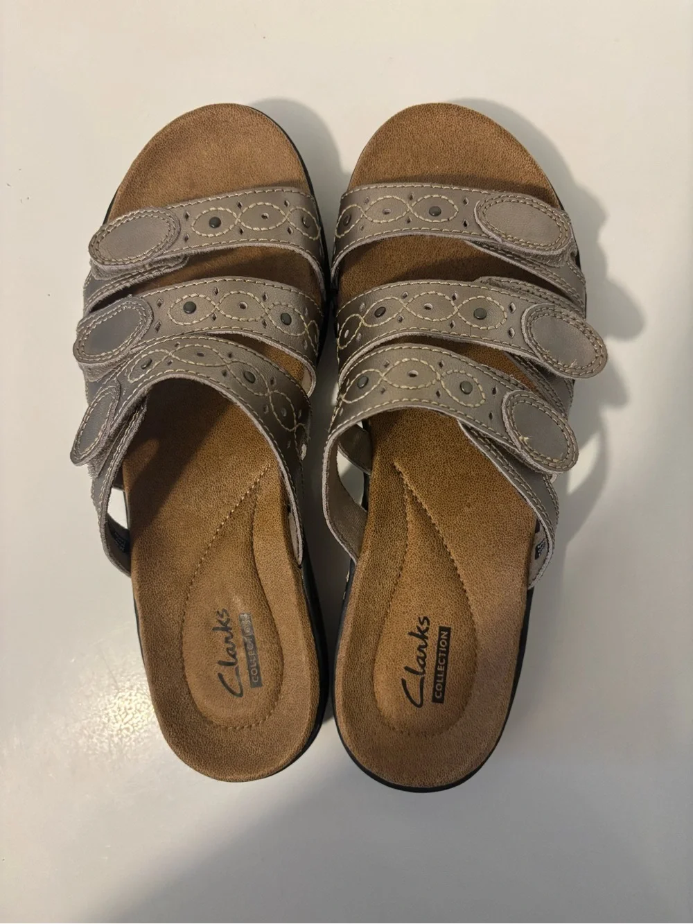 Clarks Women's Metallic Pewter Triple-Strap Slide Sandals